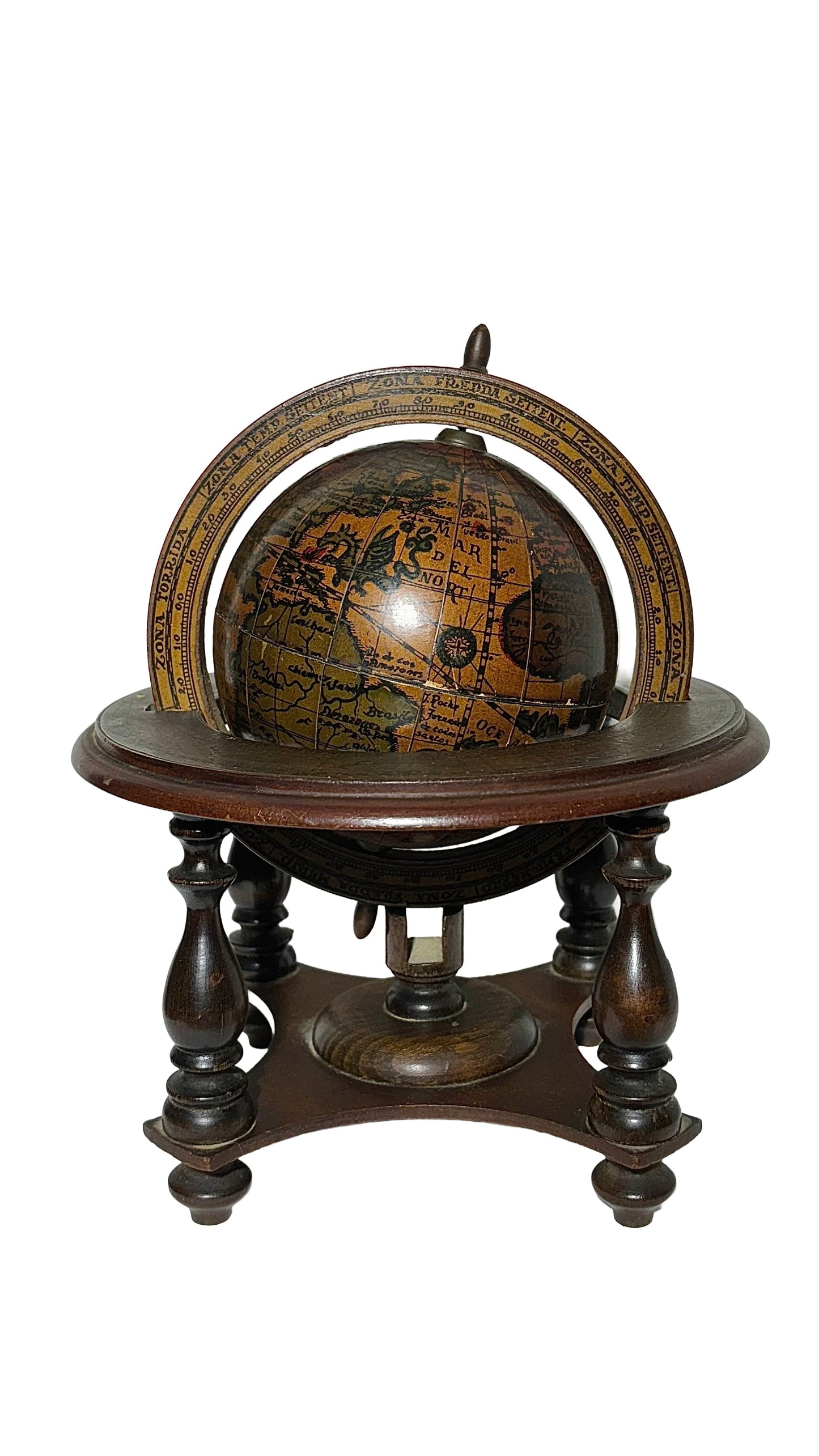 Antique Wooden Globe with Italian Script – Rare Decorative Object