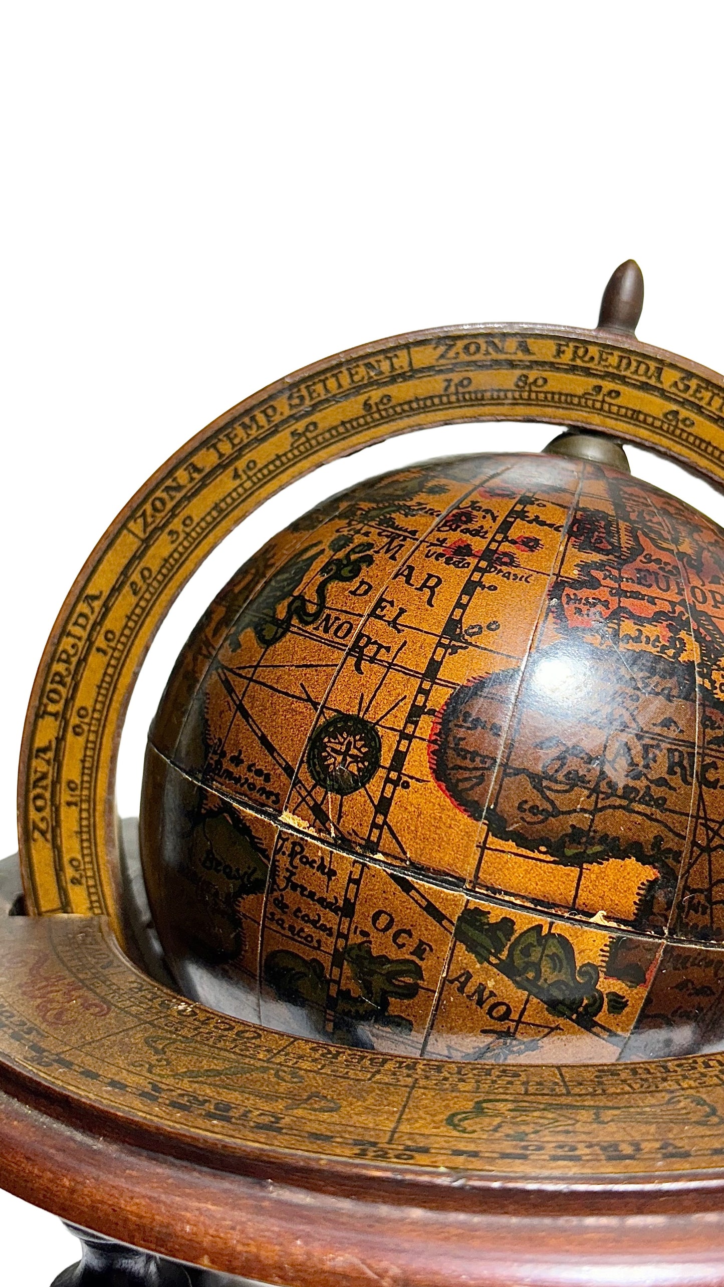 Antique Wooden Globe with Italian Script – Rare Decorative Object