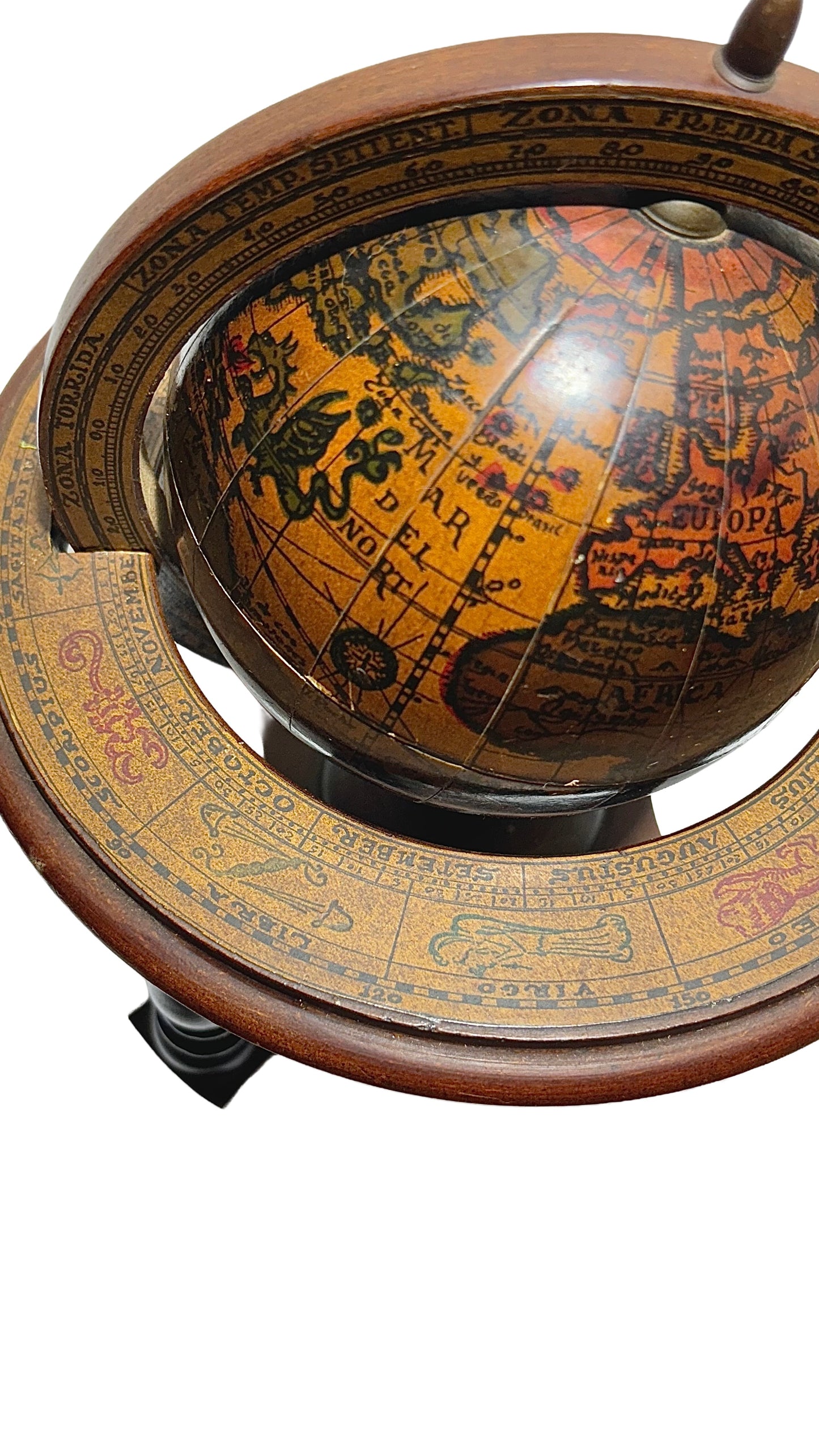 Antique Wooden Globe with Italian Script – Rare Decorative Object